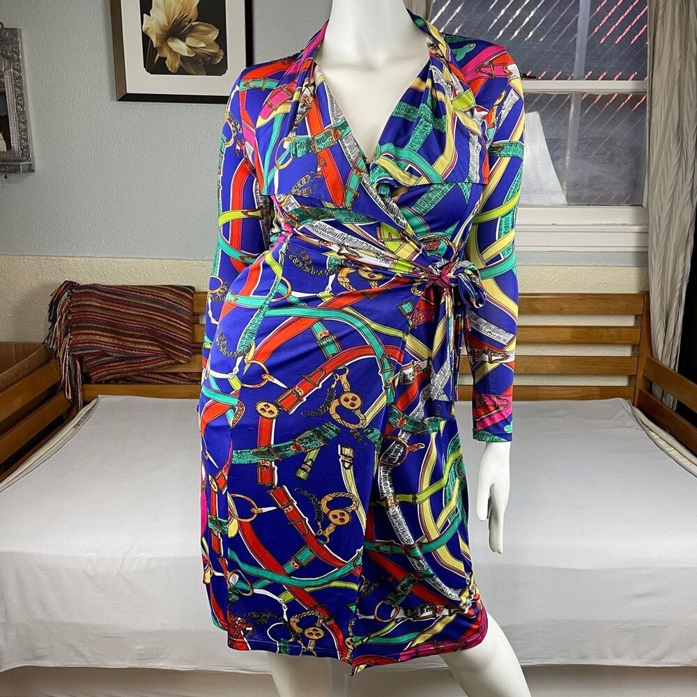 High End Designer Inspired Wrap Long Sleeve Midi Dress Women’s Medium Blue Print